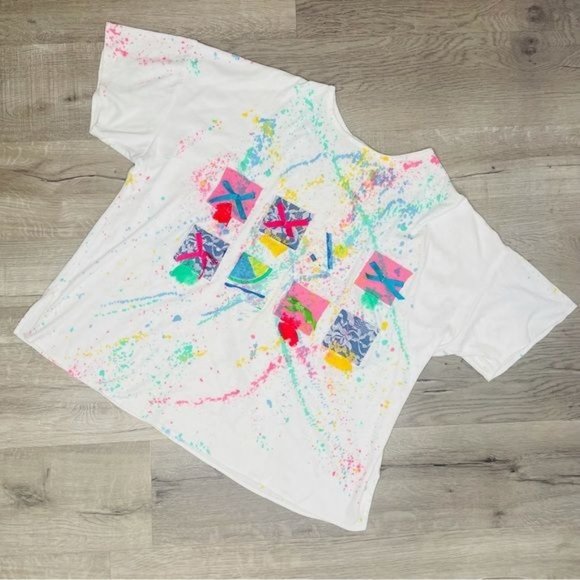Vintage fresh ideas paint splatter rainbow pastel t shirt w/  bows 90s 22w - Picture 1 of 5